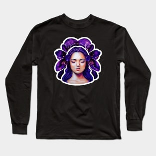 Woman with Purple Cosmic Flower Hair Long Sleeve T-Shirt